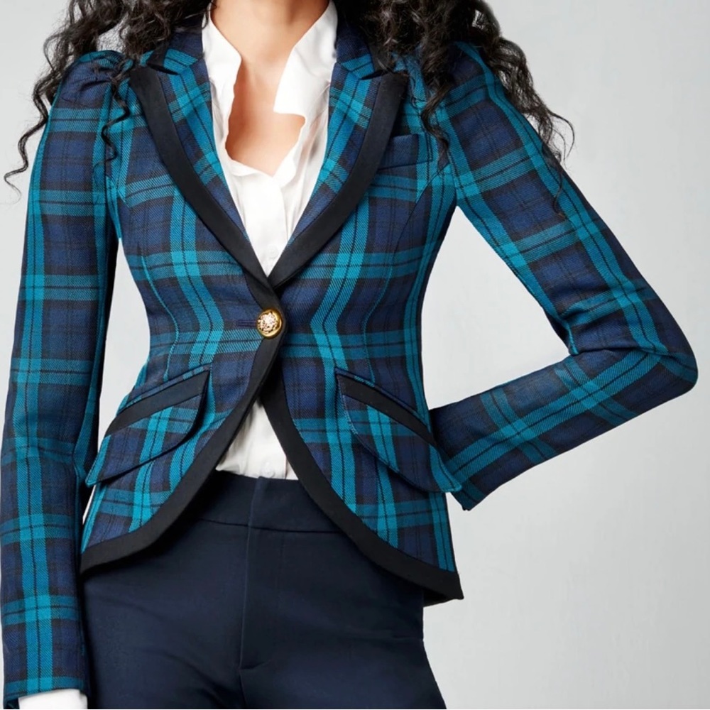 Smythe Exclusive Blackwatch Tartan Taped Pouf Sleeve One Button Blazer - Size 12